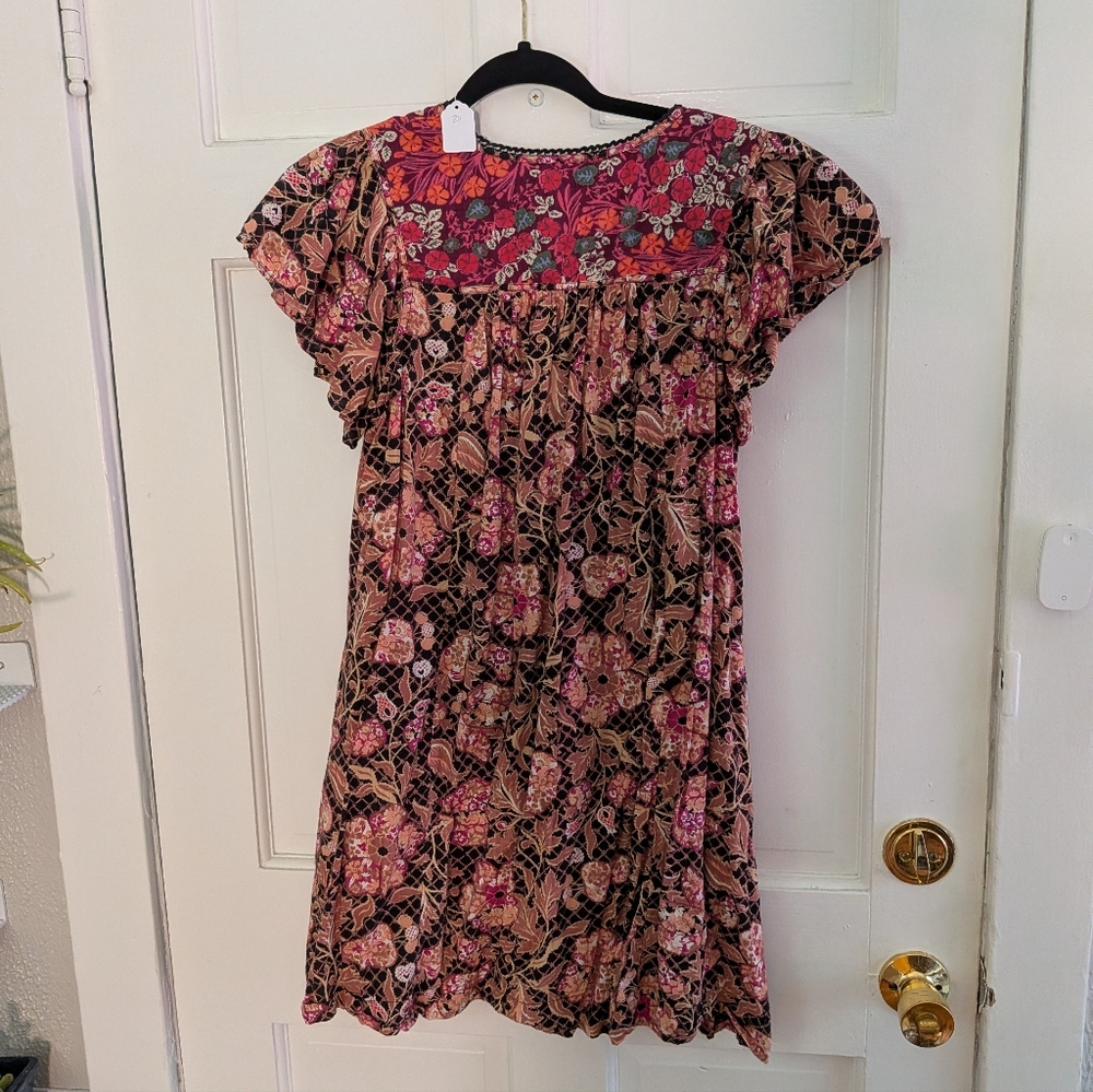 Anthropologie Ruffled Floral Mini Dress Pink Black Boho Tunic Dress - Picture 3 of 4